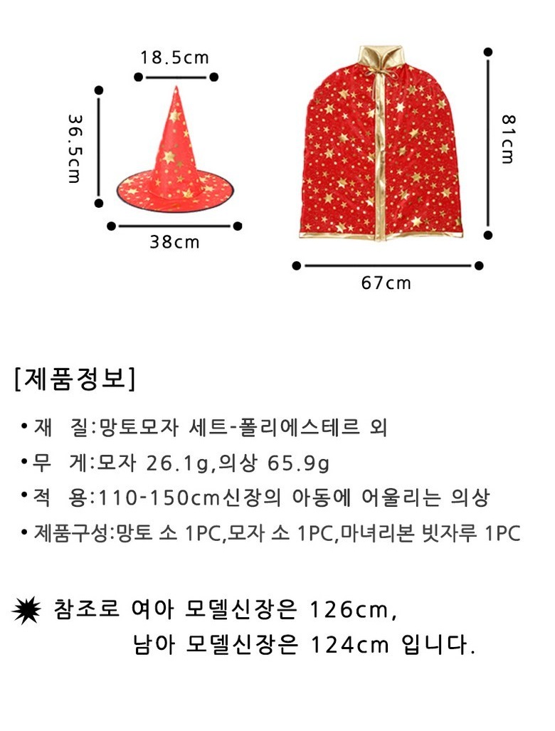 망토·모자 공통 치수 안내. 빨강은 판매자 도면의 색상 예시